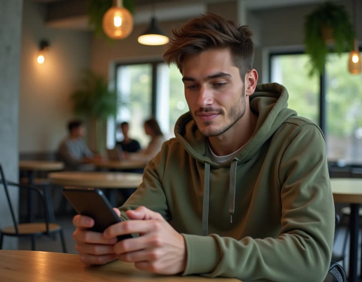 Jeune professionnel accédant à l'espace salarié Advango via smartphone dans un espace de coworking