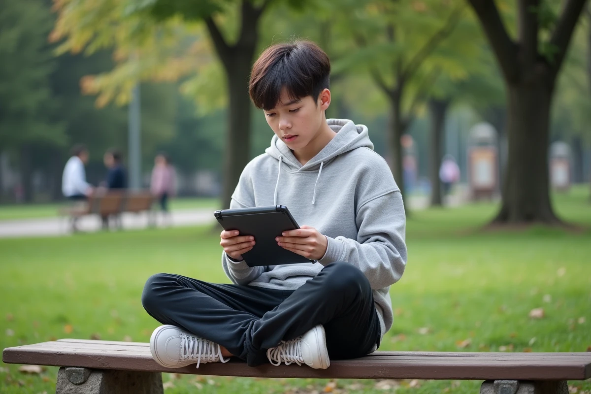 Adolescent lisant manga sur tablette dans un parc en plein air