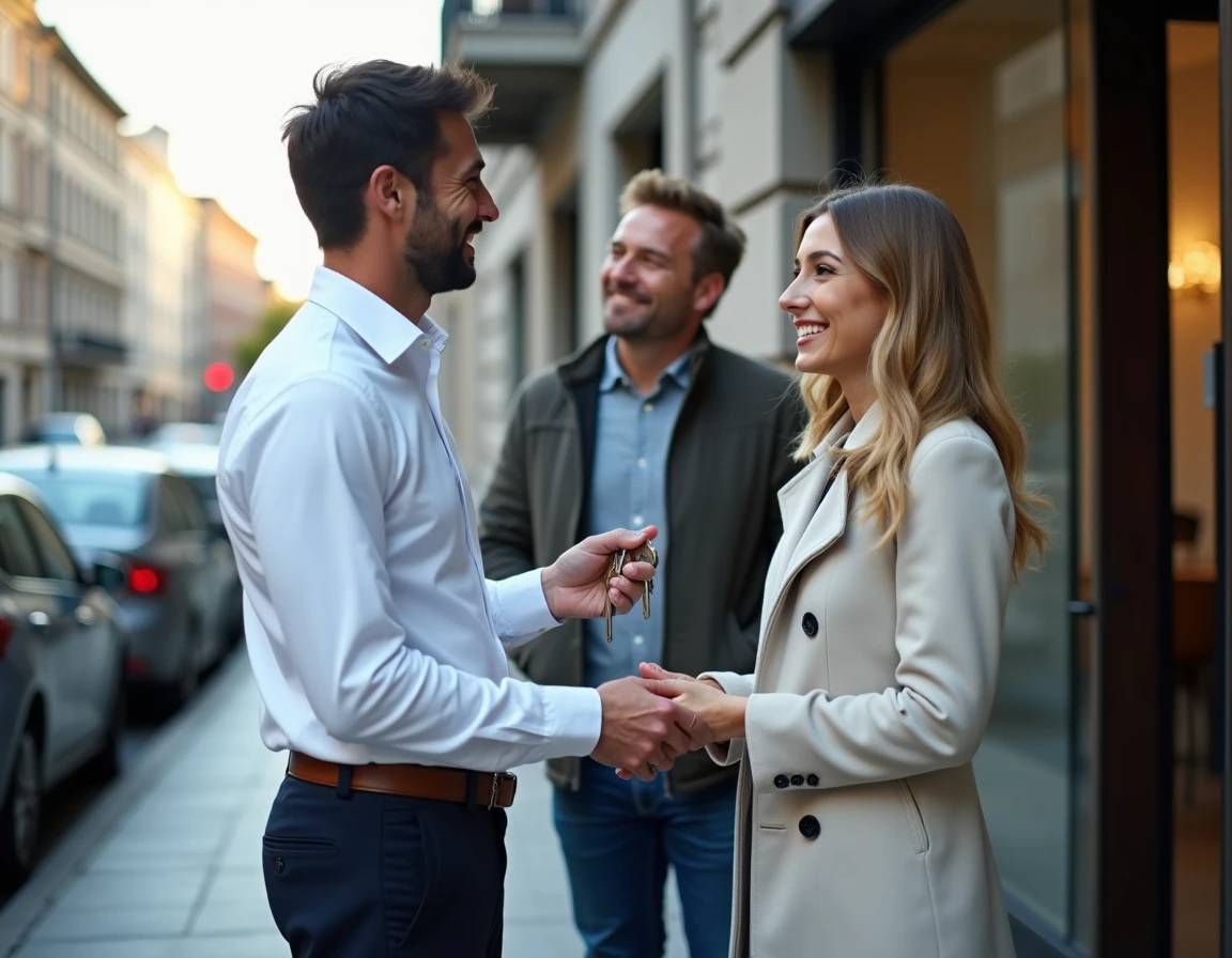Agent immobilier remettant les clés d'un appartement à un couple de locataires