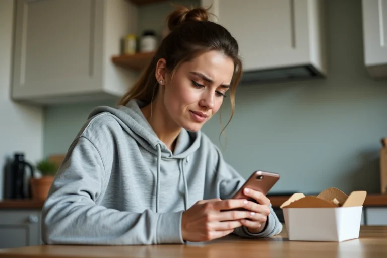 Jeune femme consultant le service client Uber Eats sur son smartphone dans sa cuisine pour résoudre un problème de facture