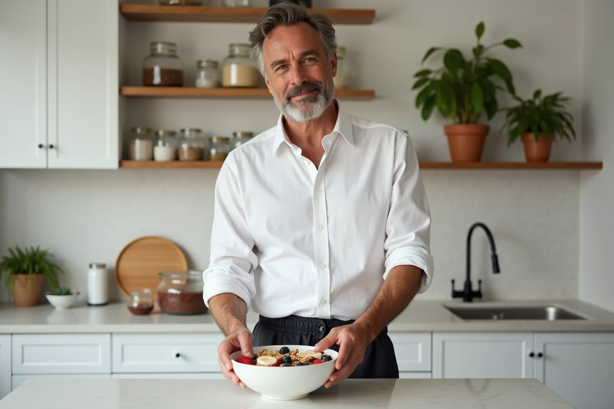 Homme préparant un bol de smoothie sain avec fruits frais et granola dans une cuisine moderne au comptoir en marbre blanc
