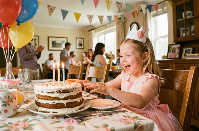 Petite fille souriante avec une couronne en papier devant un gâteau d'anniversaire fait maison lors d'une fête d'anniversaire en famille