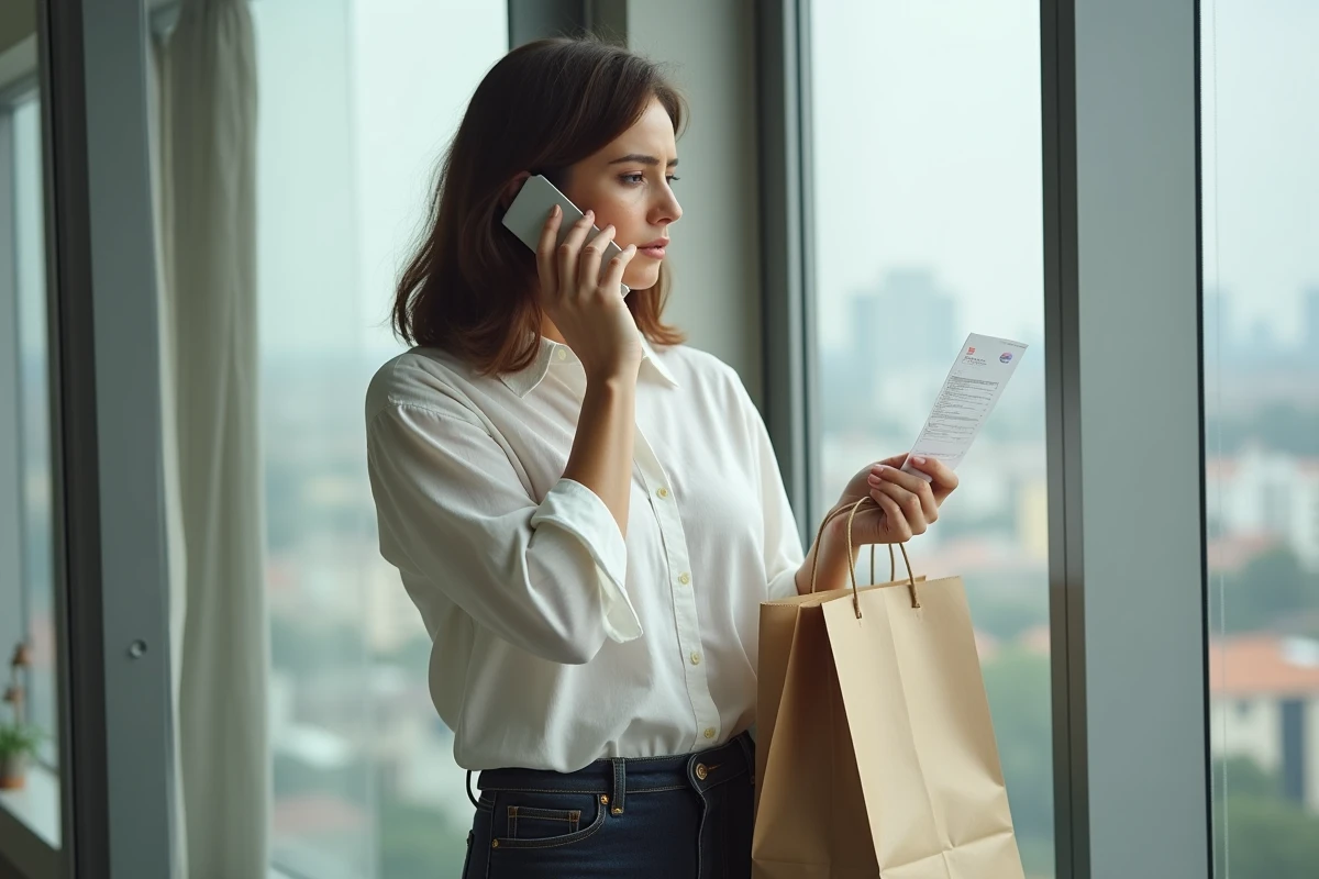 Femme appelant le service client Uber Eats en tenant un reçu pour contester une erreur de facturation