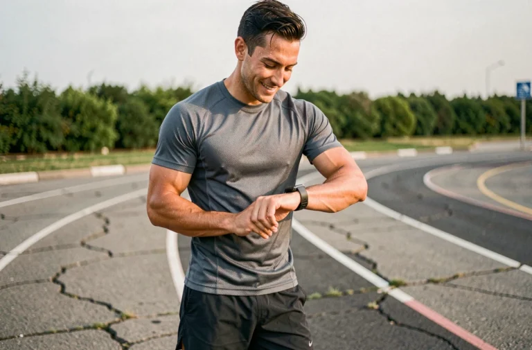 Athlète masculin vérifiant sa montre connectée après une séance de course sur piste urbaine, actualités sportives et conseils de performance