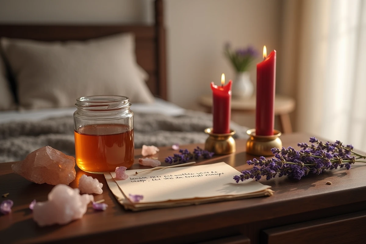 Autel rituel d'amour avec pot de miel, bougie rouge, cristal et lavande séchée disposés sur un meuble en bois sombre