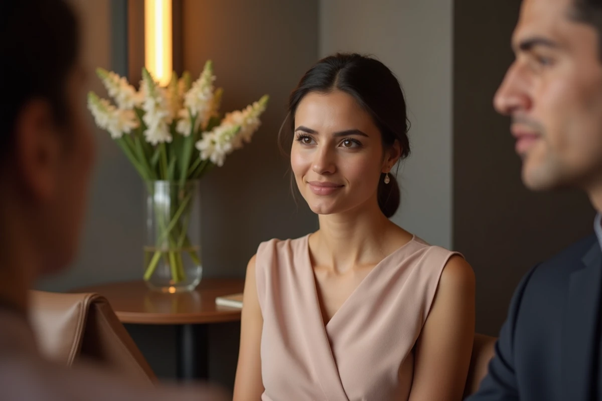 Betul Yilmazturk en robe pastel lors d’un événement intérieur