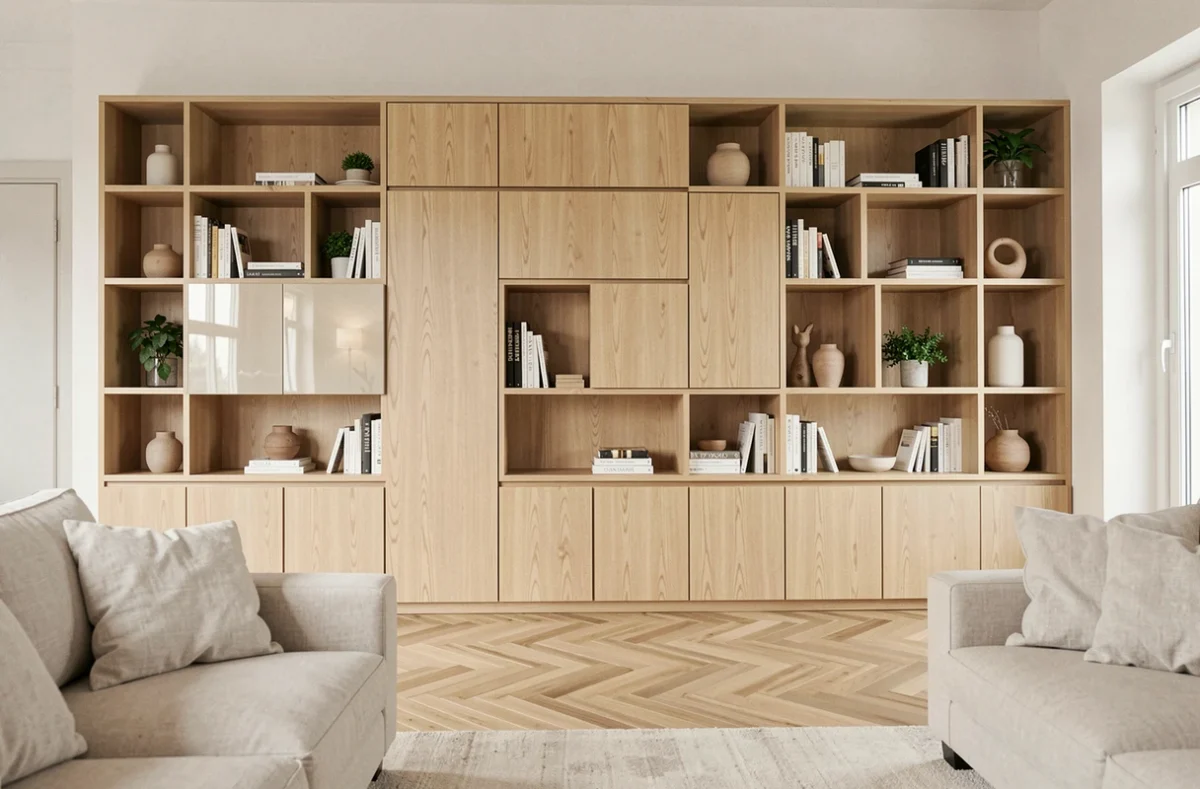 Bibliothèque sur mesure en bois de chêne pâle intégrée dans un salon scandinave moderne avec parquet en chevrons