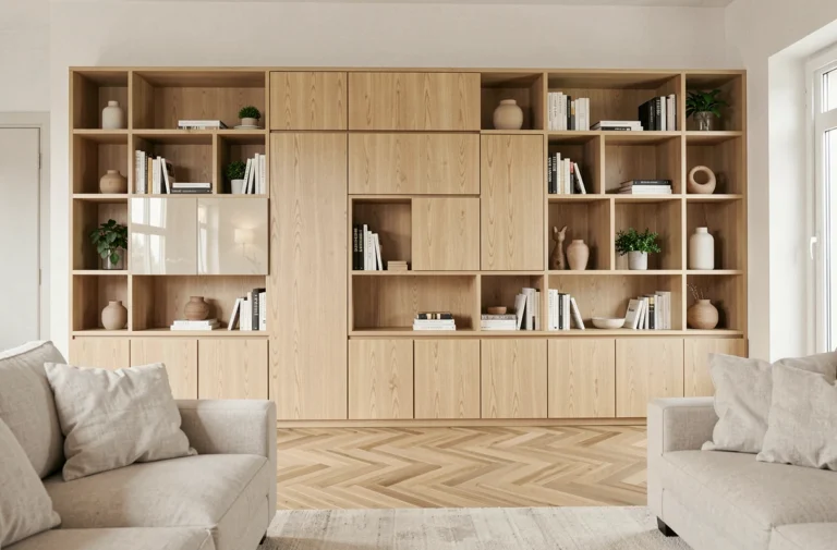Bibliothèque sur mesure en bois de chêne pâle intégrée dans un salon scandinave moderne avec parquet en chevrons