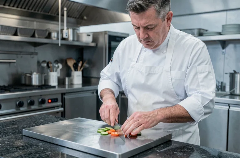 Chef professionnel utilisant une planche à découper en titane sur un plan de travail en granit dans une cuisine moderne