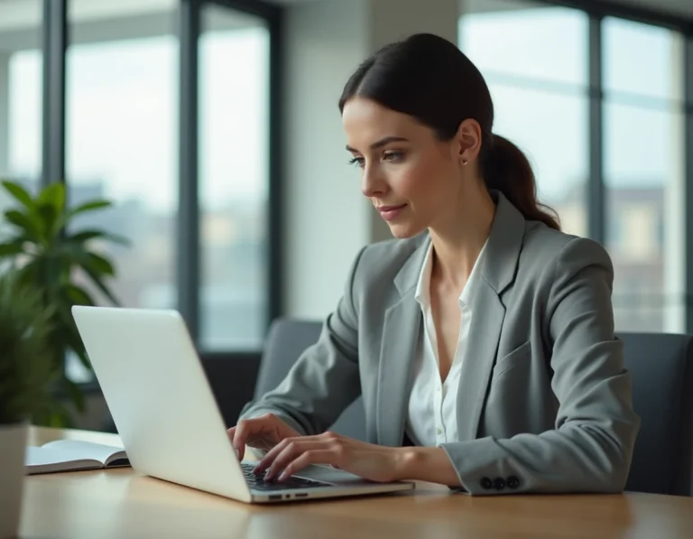 Salariée connectée à son espace personnel Advango sur un ordinateur portable dans un bureau moderne