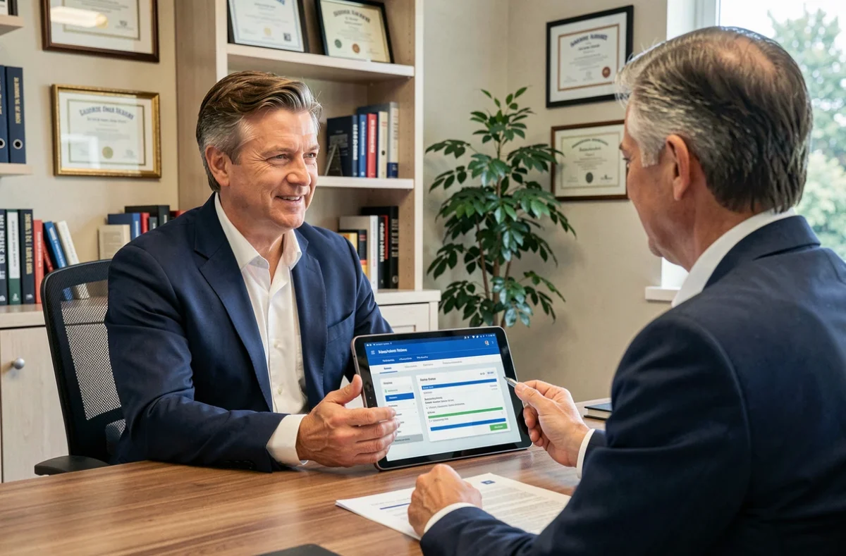 Agent d'assurance conseillant un propriétaire sur les garanties de son contrat immobilier dans un bureau professionnel