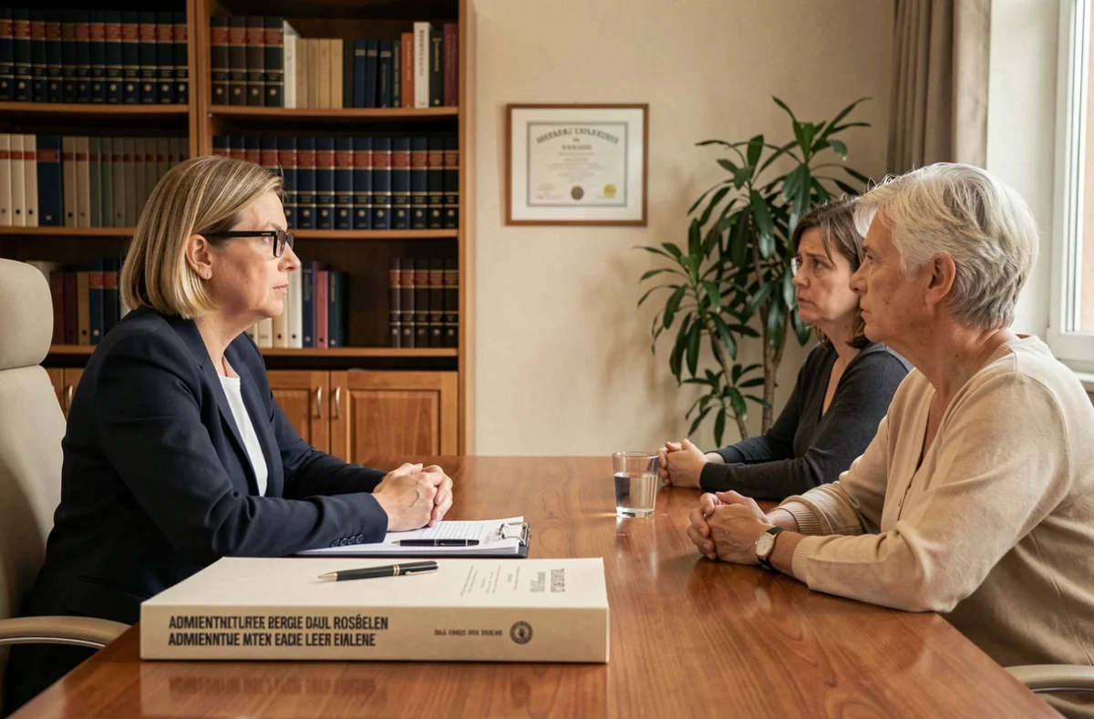 Avocate belge expliquant la procédure de faillite personnelle à un couple inquiet dans un cabinet juridique, avec dossier légal sur la table