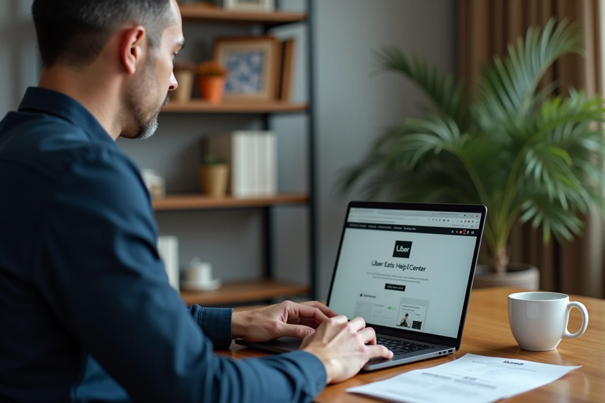 Homme en télétravail contactant le support Uber Eats via un ordinateur portable pour obtenir de l'aide sur une facture incorrecte