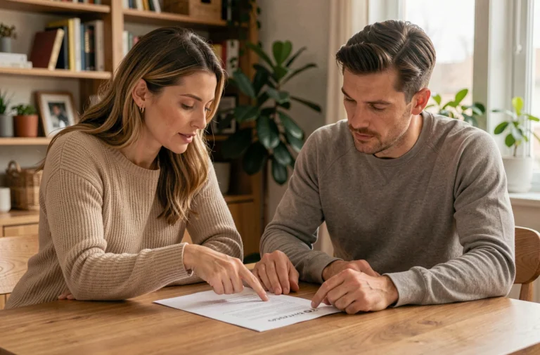 Couple vérifiant les garanties de leur assurance immobilière autour d'une table en bois dans un appartement moderne