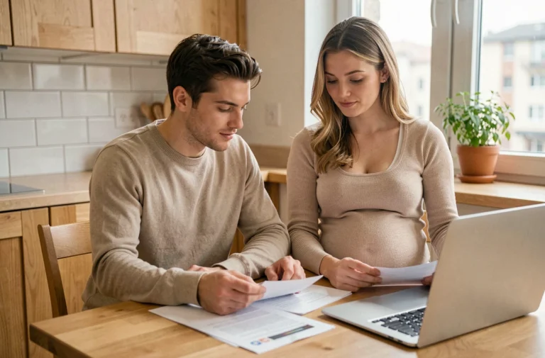 Couple attendant un bébé qui examine des documents sur la prime naissance Mercer à la maison