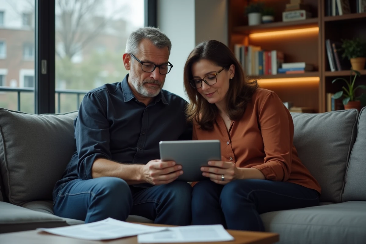 Couple consultant ensemble un formulaire administratif Pôle emploi sur tablette pour déterminer la composition de leur foyer
