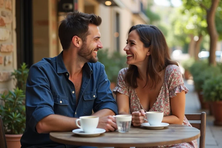 Couple complice attablé en terrasse de café lors d'une journée détendue, évoquant la complicité et la passion entre Johann Zarco et Veronika Thielová