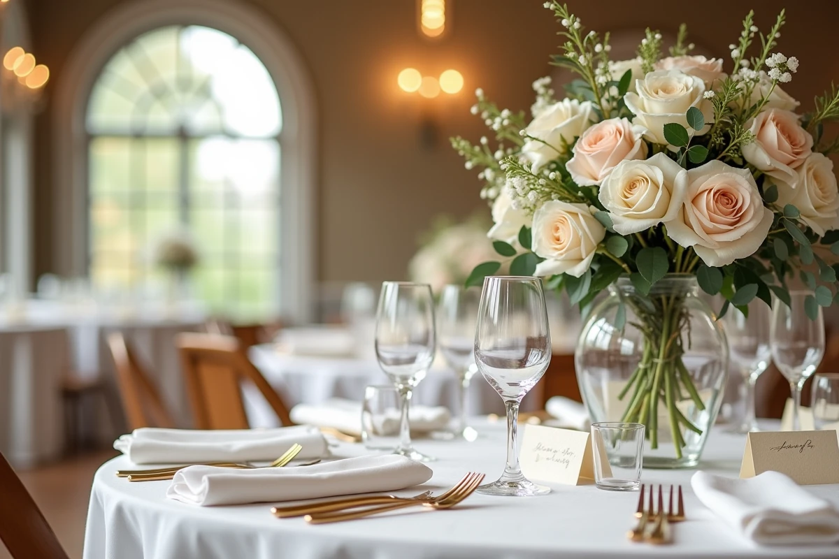 Décoration de table de réception de mariage élégante avec des roses blanches et rosées, des couverts dorés et des verres en cristal dans une salle de réception