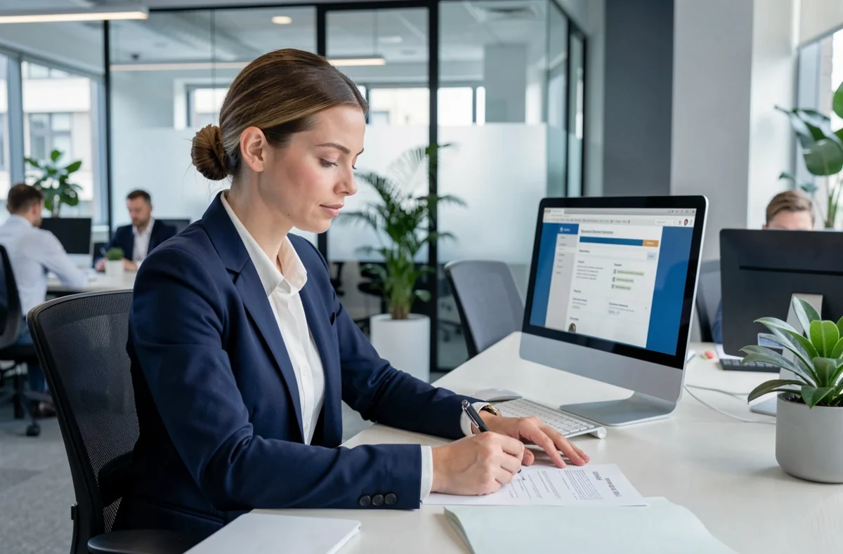 Employée remplissant un formulaire de demande de prime naissance dans un environnement de bureau professionnel