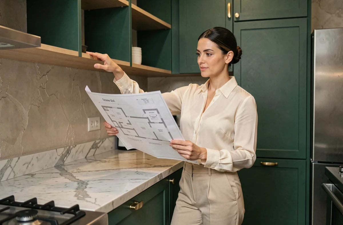 Designer d'intérieur présentant des solutions d'agencement sur mesure dans une cuisine moderne vert forêt avec accessoires en laiton