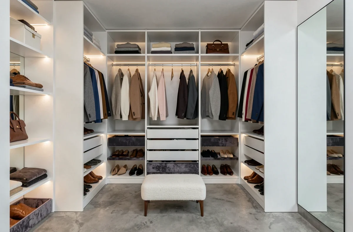 Dressing sur mesure en laque blanche mat avec rangements modulables intégrés dans un appartement contemporain