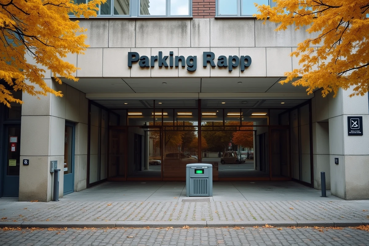 Façade extérieure et entrée du parking Rapp à Colmar avec barrière automatique
