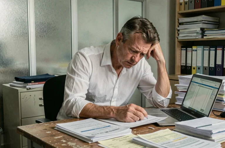 Homme d'affaires belge stressé assis à un bureau encombré de documents financiers et de factures impayées, illustrant une situation de faillite d'entreprise