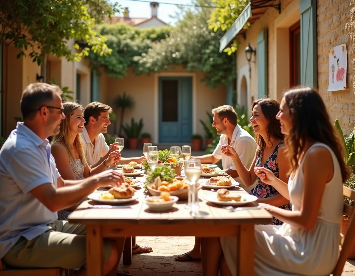 Repas en famille dans une cour marseillaise ensoleillée, ambiance chaleureuse évoquant la vie de famille du rappeur Jul