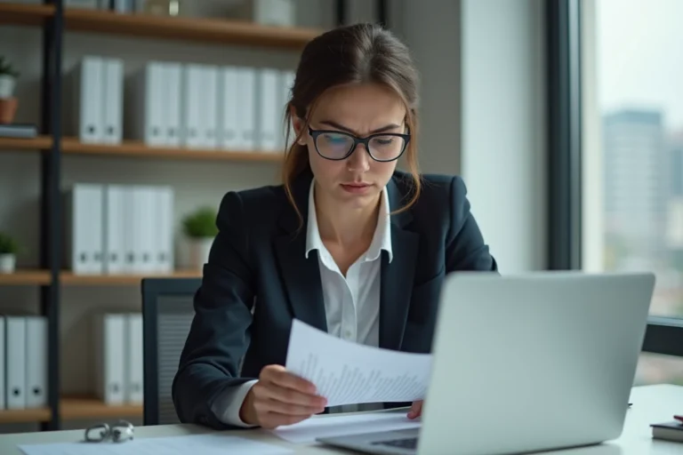 Femme d'affaires sérieuse lisant un document juridique