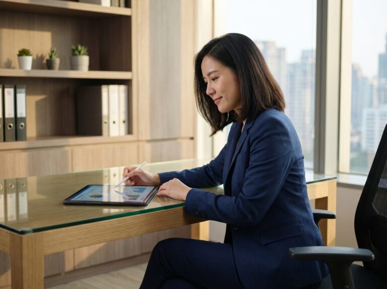 Femme d'affaires en costume bleu regardant un tableau financier