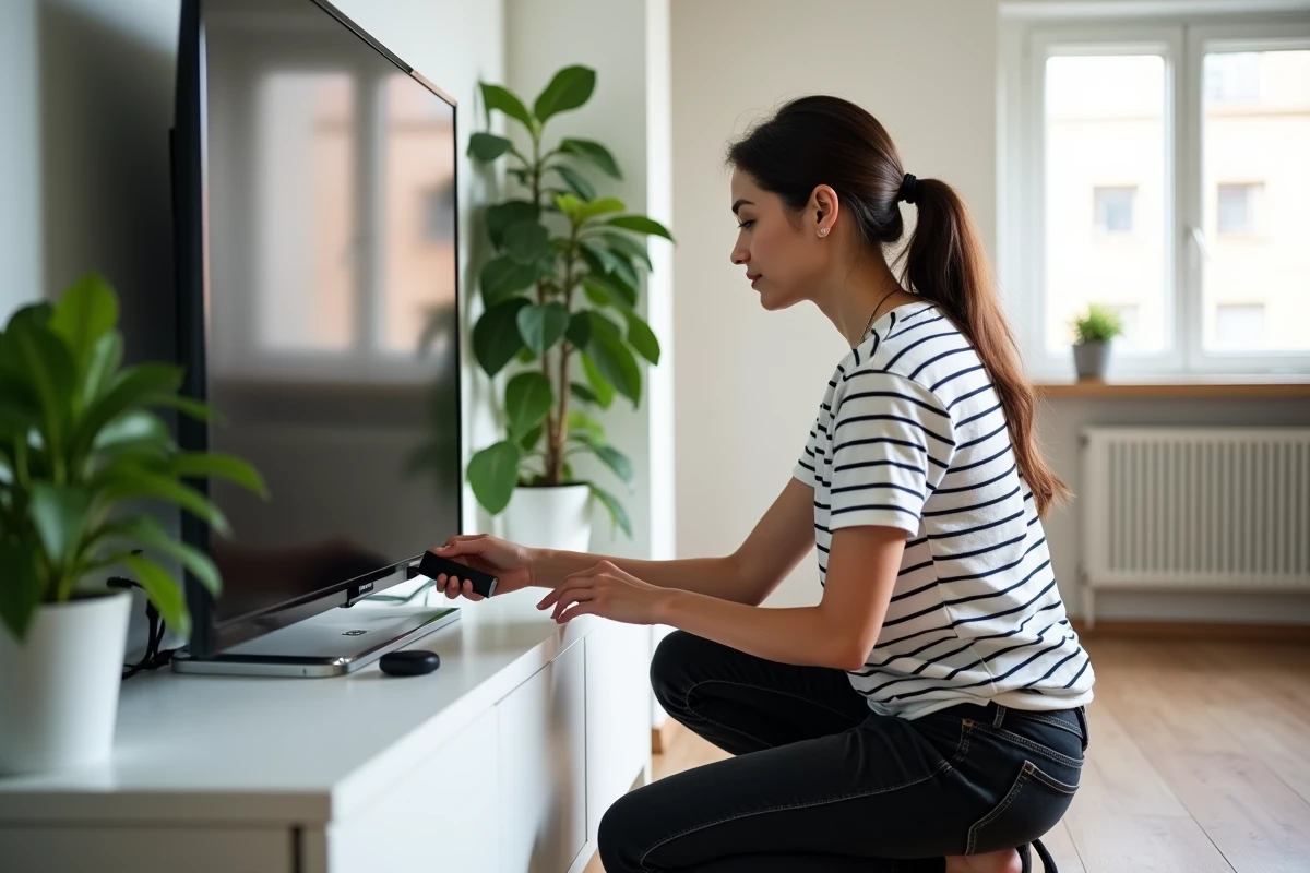 Femme branchant un appareil de streaming sur une TV dans un studio