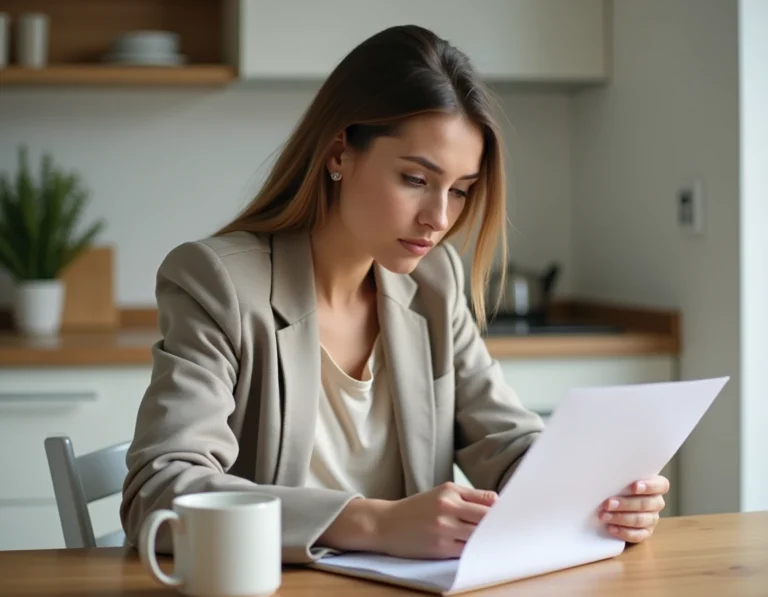 Femme consultant un contrat de location immobilière dans un appartement moderne