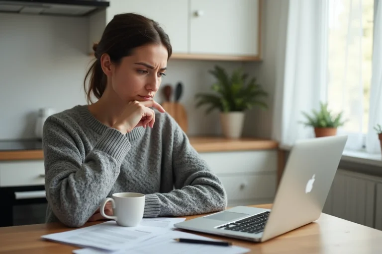 Femme consultant des documents administratifs de Pôle emploi à la table de sa cuisine pour comprendre la définition du foyer fiscal