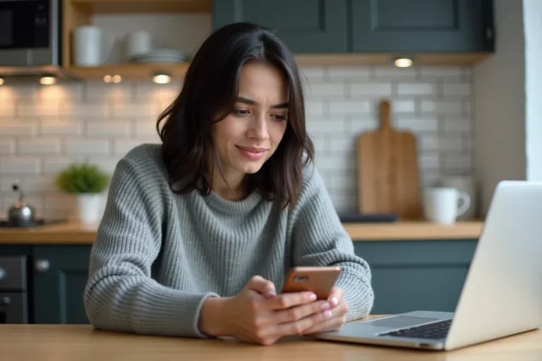 Femme consultant son smartphone pour identifier un numéro de téléphone inconnu