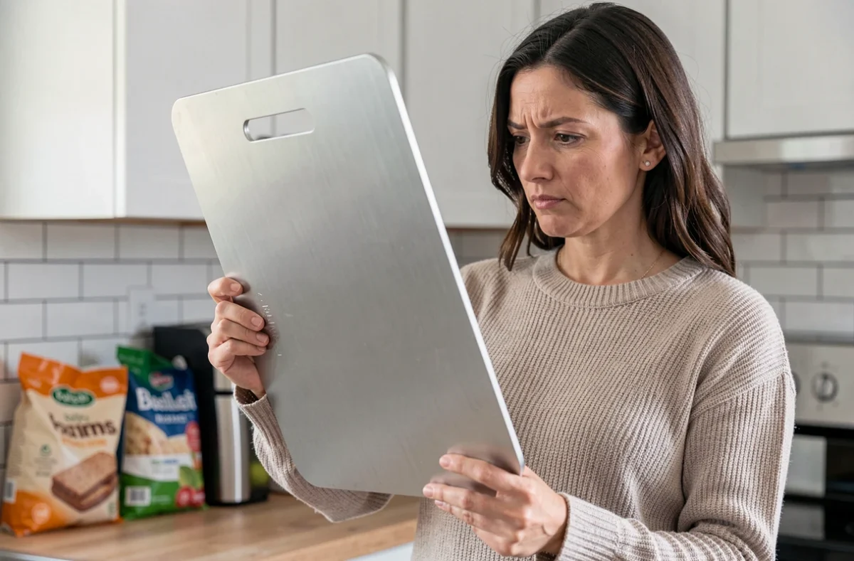 Femme inspectant une planche à découper en titane dans sa cuisine à domicile, examinant ses avantages et inconvénients