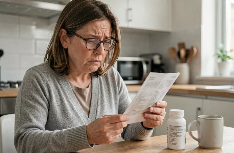 Femme d'âge mûr lisant attentivement la notice d'un complément alimentaire à la cuisine, illustrant les risques et effets indésirables de Synapsyl