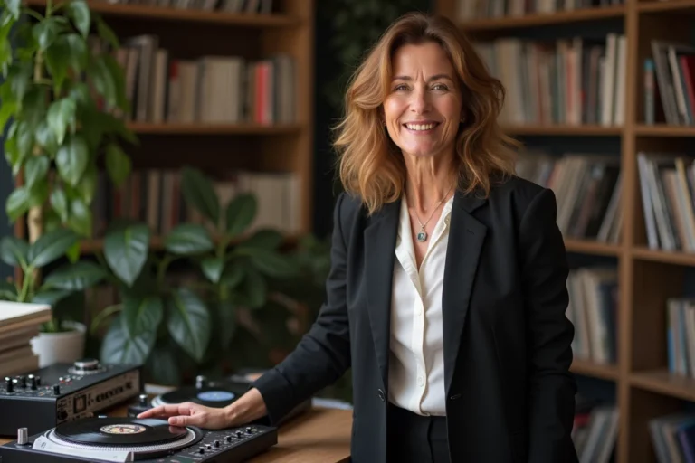Femme française dans son studio musique avec vinyles et synthés