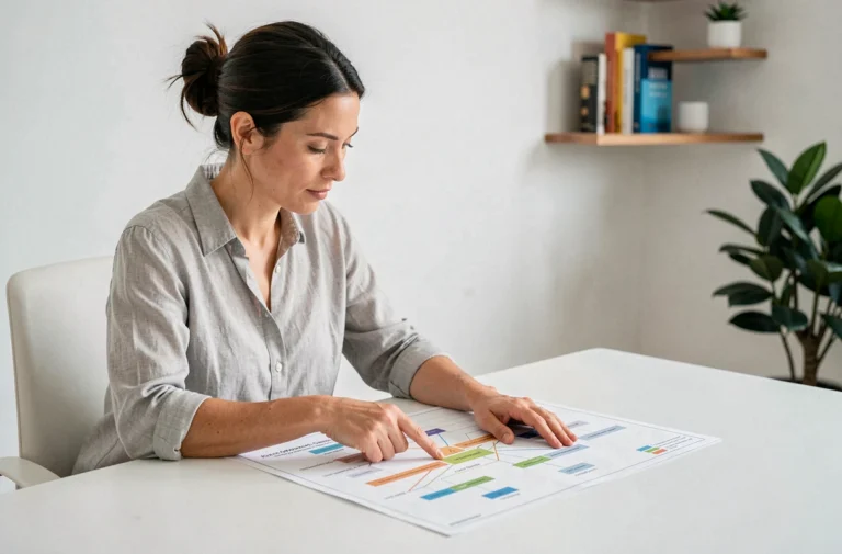 Femme professionnelle examinant un plan de site structuré imprimé sur son bureau minimaliste