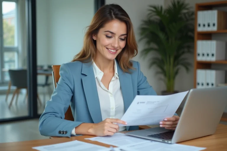 Femme professionnelle en bureau moderne avec documents immobilier