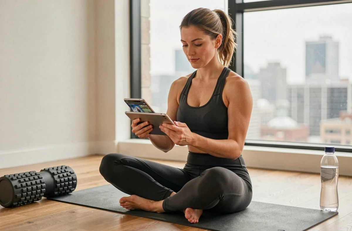 Femme sportive consultant les actualités sportives sur tablette après une séance de yoga, conseils pour passionnés de sport en ligne