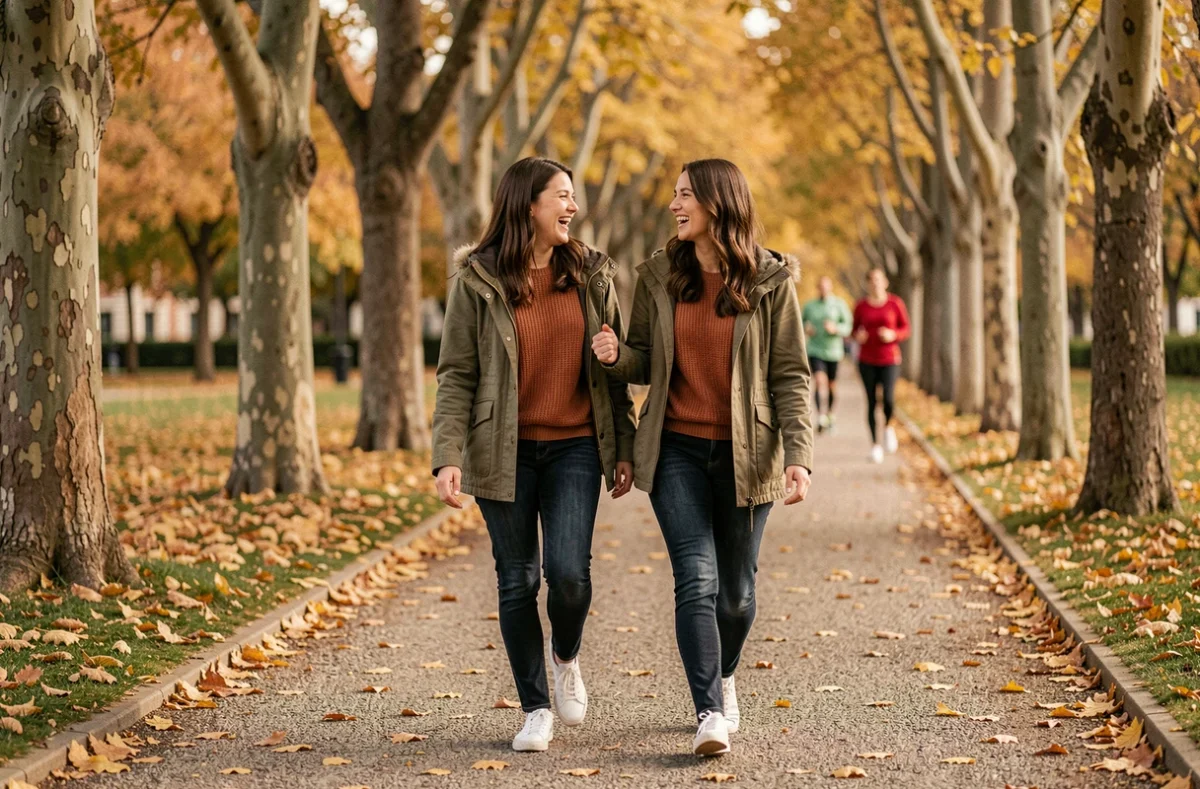 Deux femmes marchant ensemble dans un parc en automne pour illustrer l'activité physique quotidienne et le bien-être social