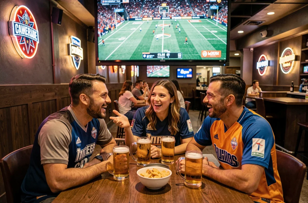 Groupe d'amis passionnés de sport regardant un match dans un bar sportif, discussion animée autour des dernières actualités sportives