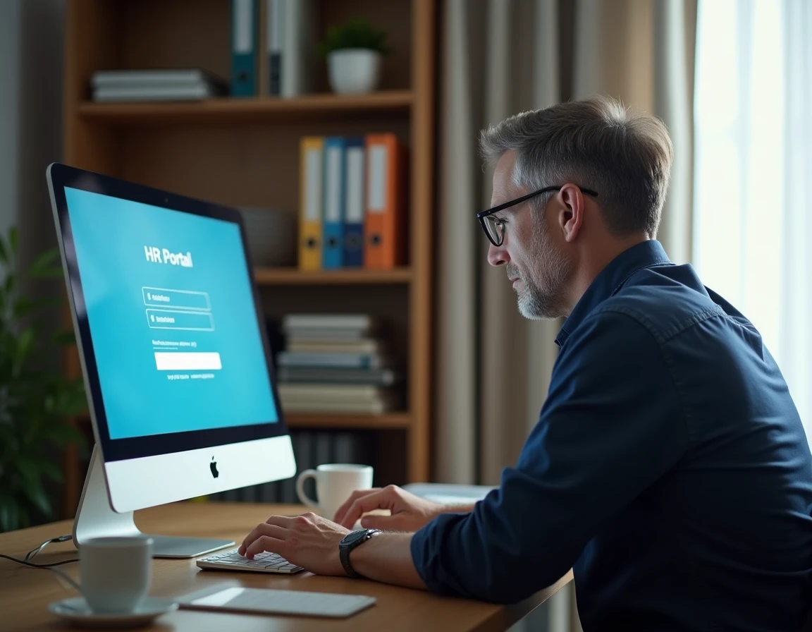 Homme suivant un guide de connexion à l'espace salarié Advango sur son ordinateur de bureau à domicile