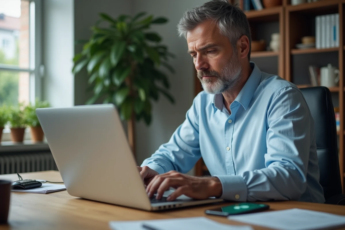 Homme recherchant un numéro inconnu sur annuaire inversé depuis son bureau à domicile