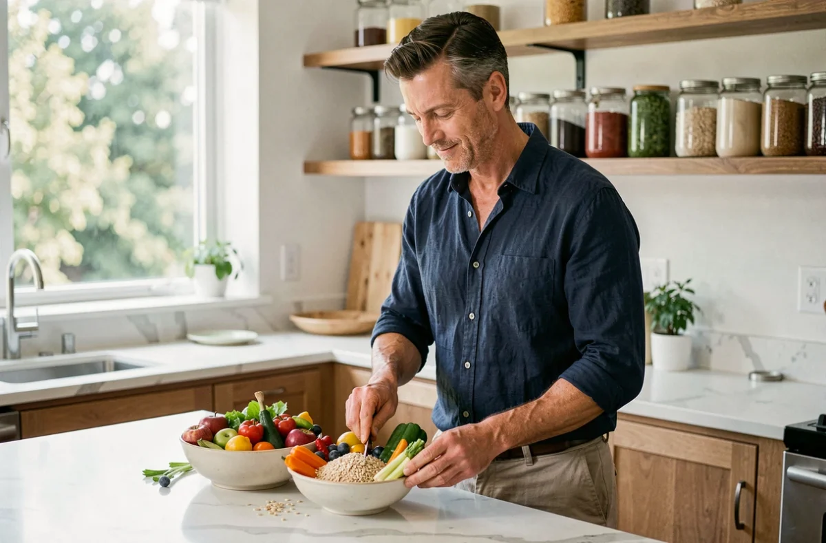 Homme préparant un repas équilibré avec des légumes frais et des céréales complètes dans une cuisine moderne