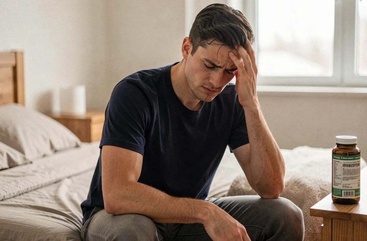 Jeune homme ressentant un effet indésirable après la prise d'un complément alimentaire, assis sur son lit avec une expression d'inconfort léger