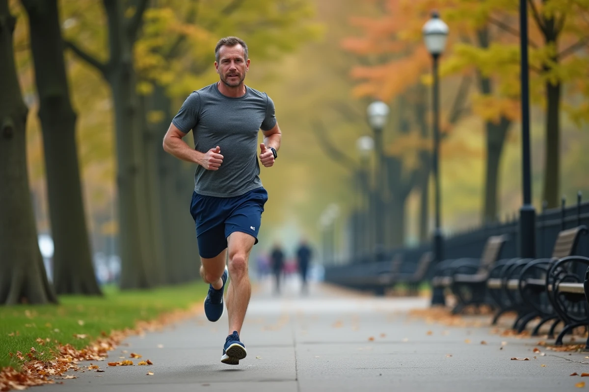 Homme faisant du jogging dans un parc urbain dans le cadre d'un programme de perte de poids rapide