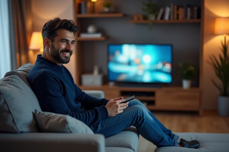 Homme souriant regardant la télévision dans un salon moderne