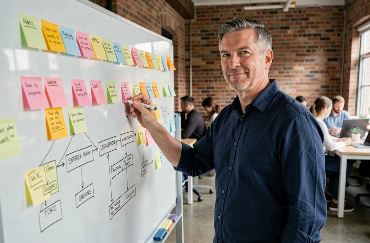 Professionnel debout devant un tableau blanc avec un plan de navigation de site web dessiné à la main