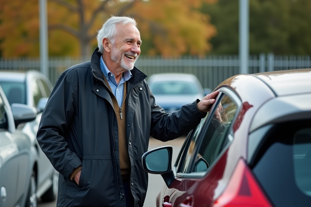 Homme souriant examinant une voiture d